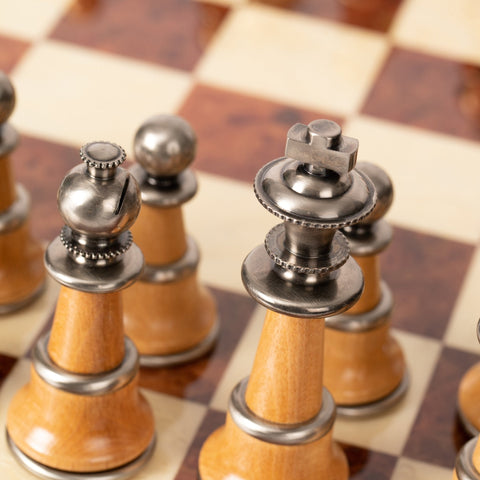 Italfama Handmade Brass & Wood Chess Set, Gold/Silver Plated, Elm Board 60cm
