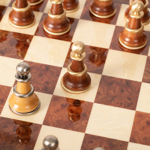 Italfama Handmade Brass & Wood Chess Set, Gold/Silver Plated, Elm Board 60cm