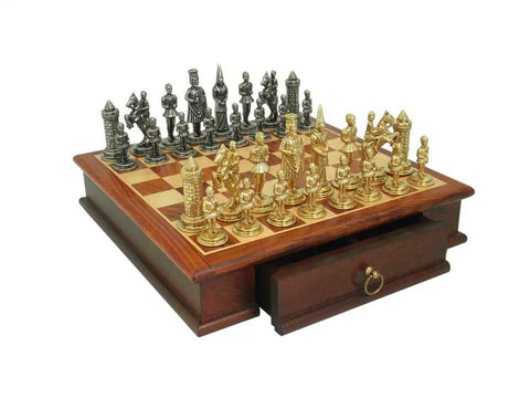 Italfama Camelot Metal Chess Set, Gold/Silver, Mahogany Board with Drawer