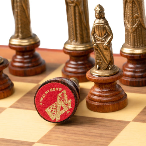 Medieval Metal & Wood Chess Set, Walnut Board w/ Storage, Italfama Italy