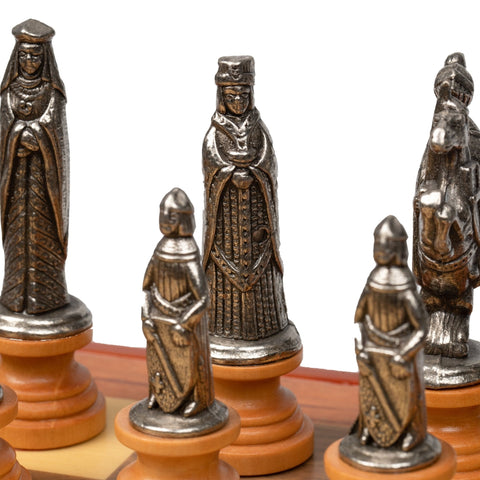 Medieval Metal & Wood Chess Set, Walnut Board w/ Storage, Italfama Italy