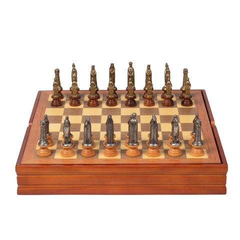 Medieval Metal & Wood Chess Set, Walnut Board w/ Storage, Italfama Italy