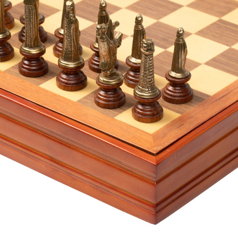 Medieval Metal & Wood Chess Set, Walnut Board w/ Storage, Italfama Italy