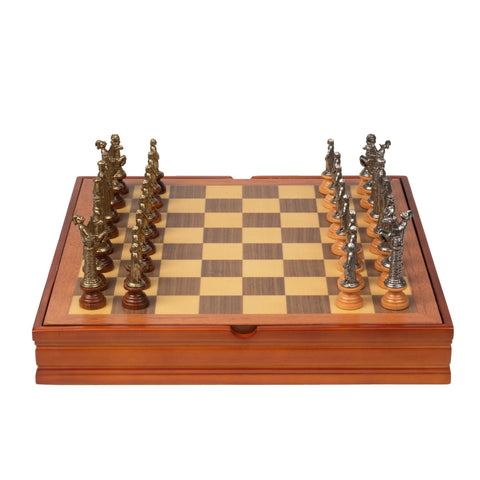 Medieval Metal & Wood Chess Set, Walnut Board w/ Storage, Italfama Italy