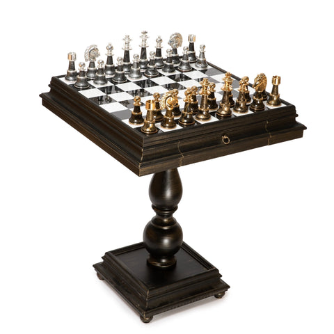 Italfama Luxury Chess Table, Black Wood, Marble Top, 60x60cm, Made in Italy