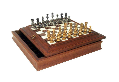 Italfama Handmade Brass Chess Set, Gold/Silver Pieces, Marble Board w/Storage