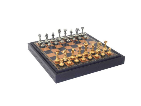 Italian Brass Chess Set Gold/Silver Plated Leather Board with Storage & Checkers