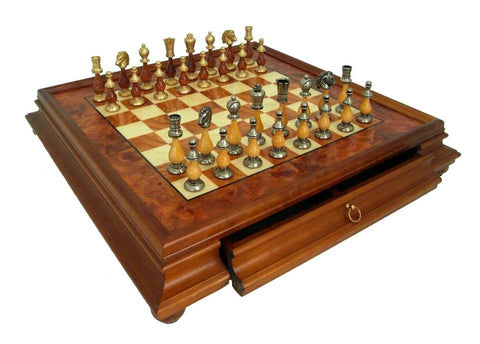 Italfama Gold/Silver Plated Handmade Chess Set, Elm Board with Drawer