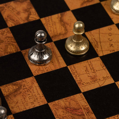 Italfama Metal Chess Set, Antique Map Board, Storage, 28cm, Made in Italy