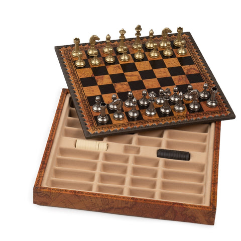 Italfama Metal Chess Set, Antique Map Board, Storage, 28cm, Made in Italy