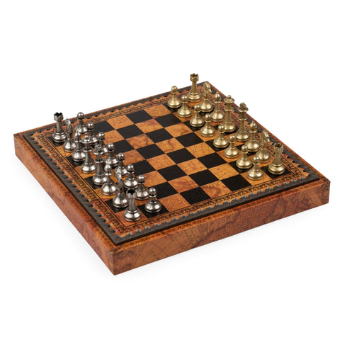 Italfama Metal Chess Set, Antique Map Board, Storage, 28cm, Made in Italy