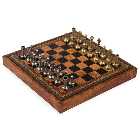 Italfama Metal Chess Set, Antique Map Board, Storage, 28cm, Made in Italy