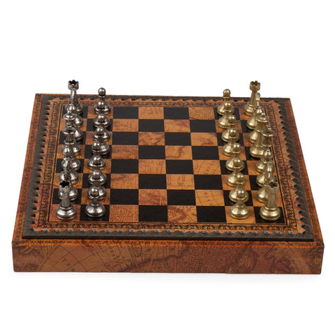Italfama Metal Chess Set, Antique Map Board, Storage, 28cm, Made in Italy