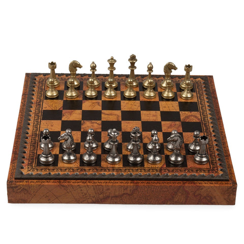 Italfama Metal Chess Set, Antique Map Board, Storage, 28cm, Made in Italy
