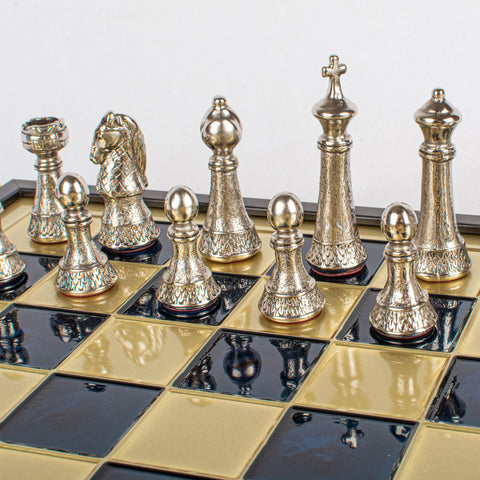 Classic Metal Staunton Chess Set Gold & Silver Chessmen 41Cm Manopoulos Sk33Blu