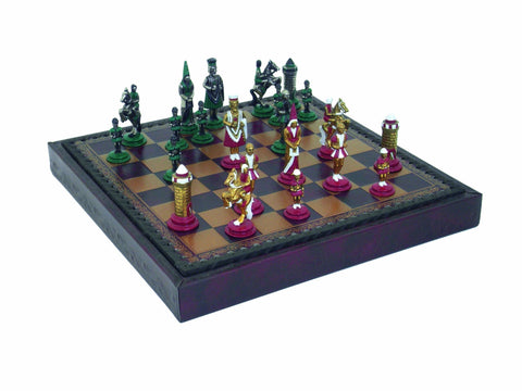Italfama Camelot Hand-Painted Metal Chess Set 28cm Leatherette Board w/ Storage
