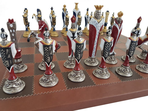 Italfama Renaissance Metal Chess Set, Hand-Painted, Genuine Leather Board, Italy