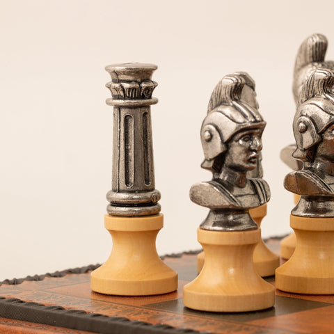 Italfama Roman Metal Chess Set, 48cm Faux Leather Board, King 10.3cm, Italy
