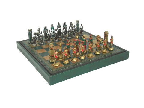 Italfama Romans vs Barbarians Metal Chess Set, Faux Leather Board, 3-in-1