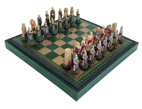 Roman vs Gladiators Hand-Painted Chess Set, 3-in-1 Faux Leather Board w/ Storage