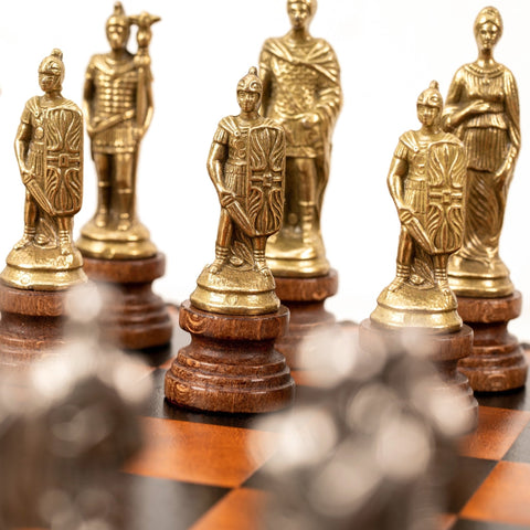 Romans vs Barbarians Metal Chess Set, Faux Leather Board, Checkers & Backgammon