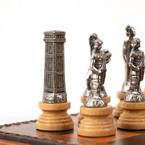 Romans vs Barbarians Metal Chess Set, Faux Leather Board, Checkers & Backgammon