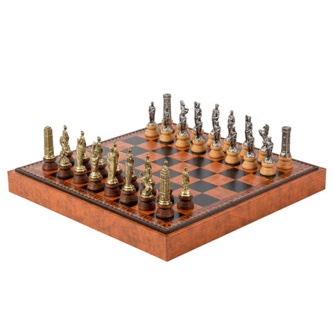 Romans vs Barbarians Metal Chess Set, Faux Leather Board, Checkers & Backgammon