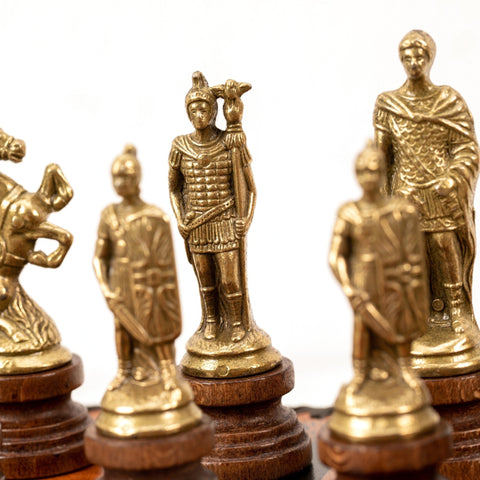 Romans vs Barbarians Metal Chess Set, Faux Leather Board, Checkers & Backgammon