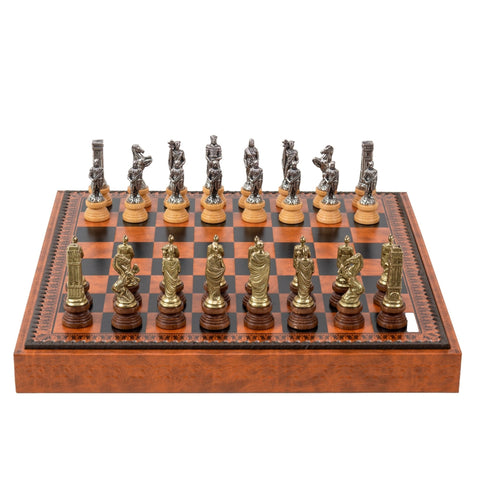 Romans vs Barbarians Metal Chess Set, Faux Leather Board, Checkers & Backgammon