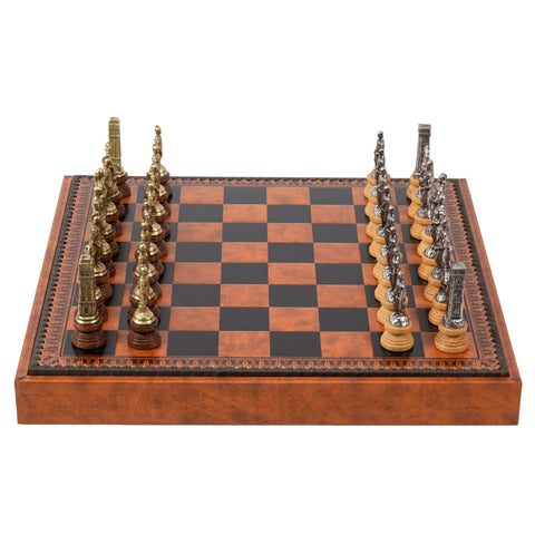 Romans vs Barbarians Metal Chess Set, Faux Leather Board, Checkers & Backgammon