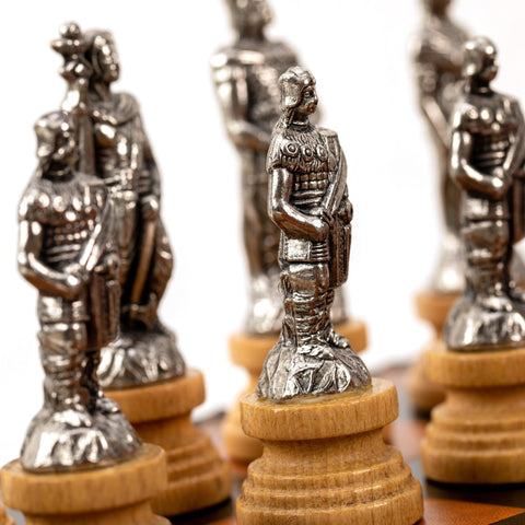 Romans vs Barbarians Metal Chess Set, Faux Leather Board, Checkers & Backgammon