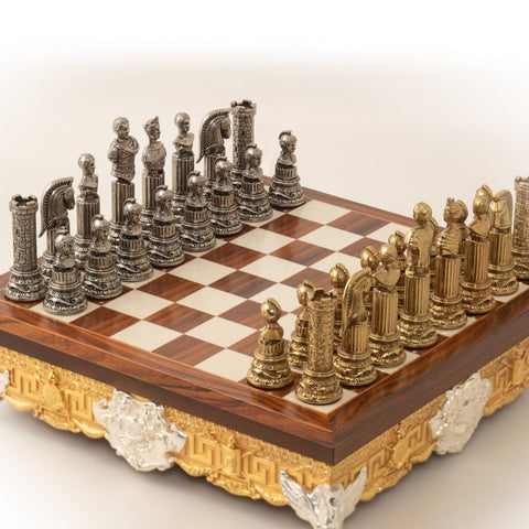 Roman Emperors Metal Chess Set, 12cm King, Wood Board, Gold/Silver, Italfama