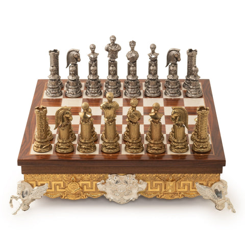 Roman Emperors Metal Chess Set, 12cm King, Wood Board, Gold/Silver, Italfama