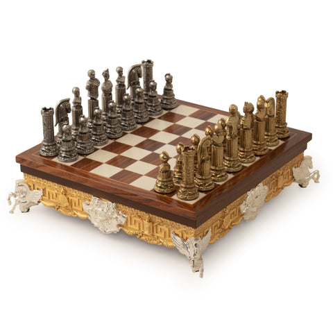 Roman Emperors Metal Chess Set, 12cm King, Wood Board, Gold/Silver, Italfama