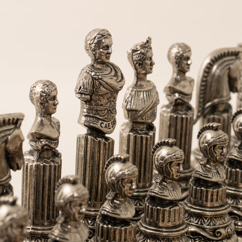 Roman Emperors Metal Chess Set, 12cm King, Wood Board, Gold/Silver, Italfama