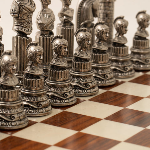 Roman Emperors Metal Chess Set, 12cm King, Wood Board, Gold/Silver, Italfama