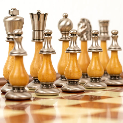 Italfama Handmade Chess Set, Gold/Silver Brass, Elm Board 56cm, Italy