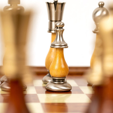 Italfama Handmade Chess Set, Gold/Silver Brass, Elm Board 56cm, Italy