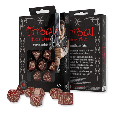 Q-Workshop Tribal Dice Set Red/Beige 7-Die Polyhedral RPG D&D Anne Stokes