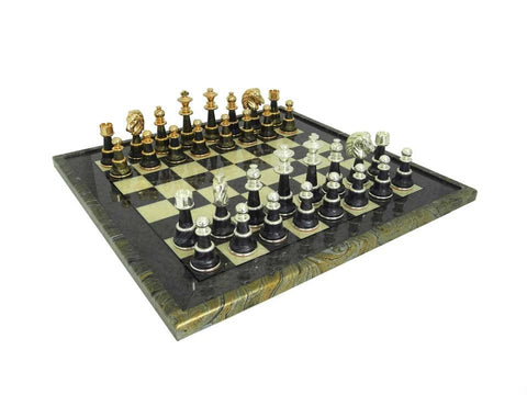 Italfama Luxury Brass Chess Set, Yew Wood Board, Gold/Silver, Handcrafted
