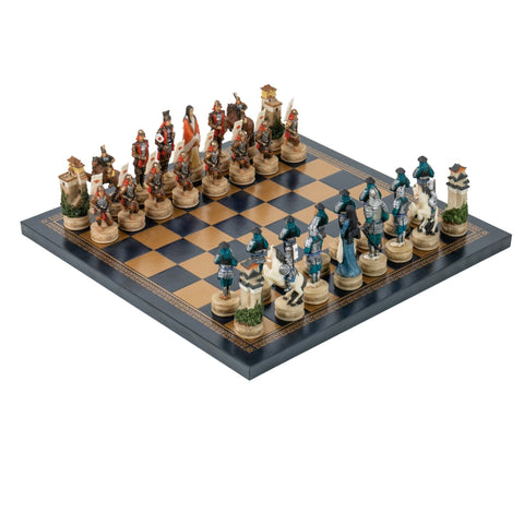 Italfama Samurai Hand-Painted Resin Chess Set w/ Faux Leather Board 33cm Italy