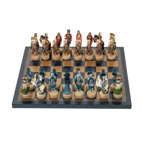 Italfama Samurai Hand-Painted Resin Chess Set w/ Faux Leather Board 33cm Italy