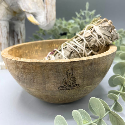 Wooden Smudge and Ritual Offerings Bowl - Buddha Ancient Wisdom (14x7)