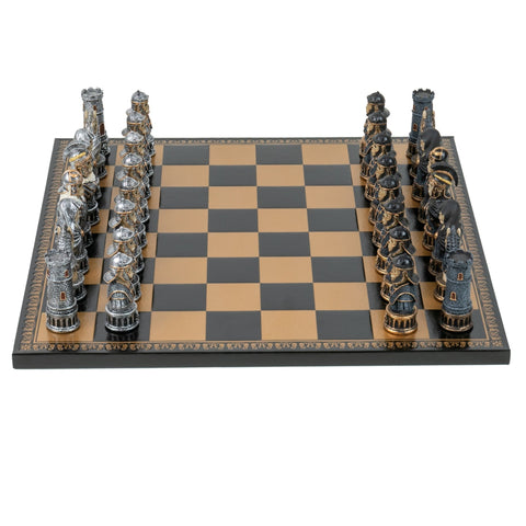 Hand-Painted Skeleton Chess Set, Resin, 40cm Faux Leather Board, Italfama Italy