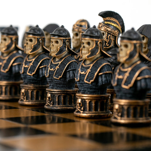 Hand-Painted Skeleton Chess Set, Resin, 40cm Faux Leather Board, Italfama Italy