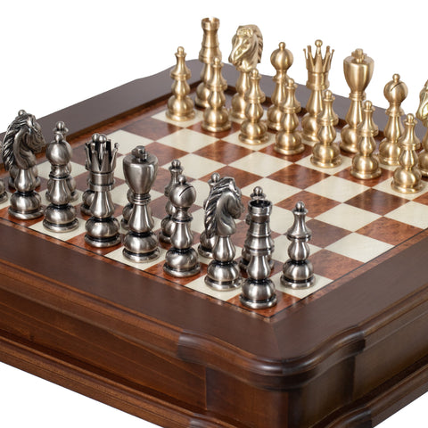 Handmade XL Brass Chess Set with Birch Table & Backgammon, Italfama Italy
