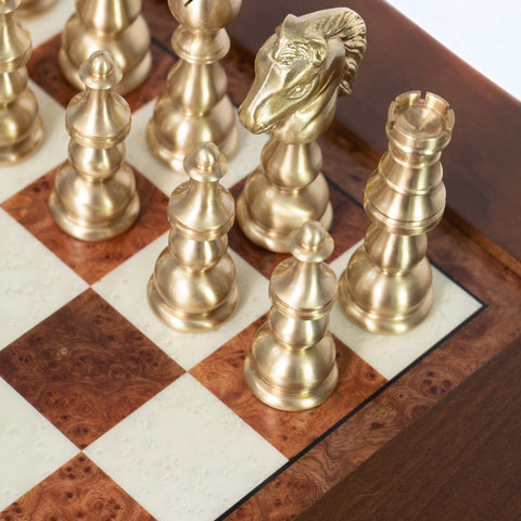 Handmade XL Brass Chess Set with Birch Table & Backgammon, Italfama Italy