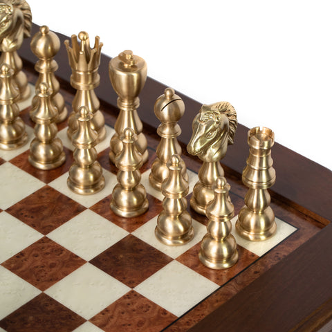 Handmade XL Brass Chess Set with Birch Table & Backgammon, Italfama Italy