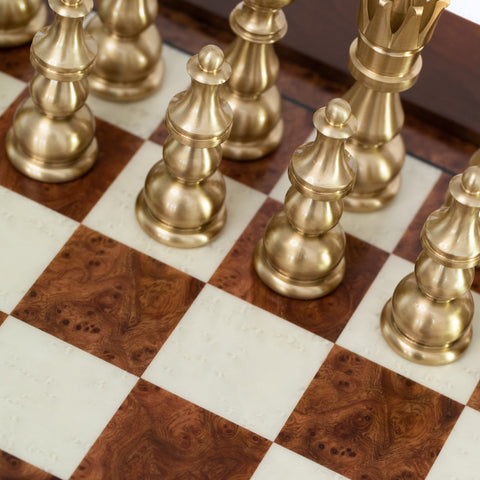 Handmade XL Brass Chess Set with Birch Table & Backgammon, Italfama Italy