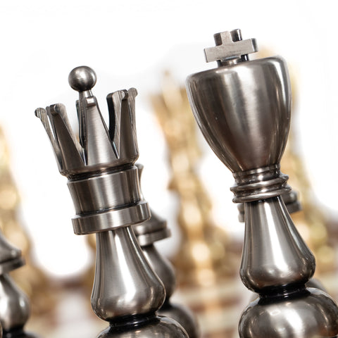 Handmade XL Brass Chess Set with Birch Table & Backgammon, Italfama Italy
